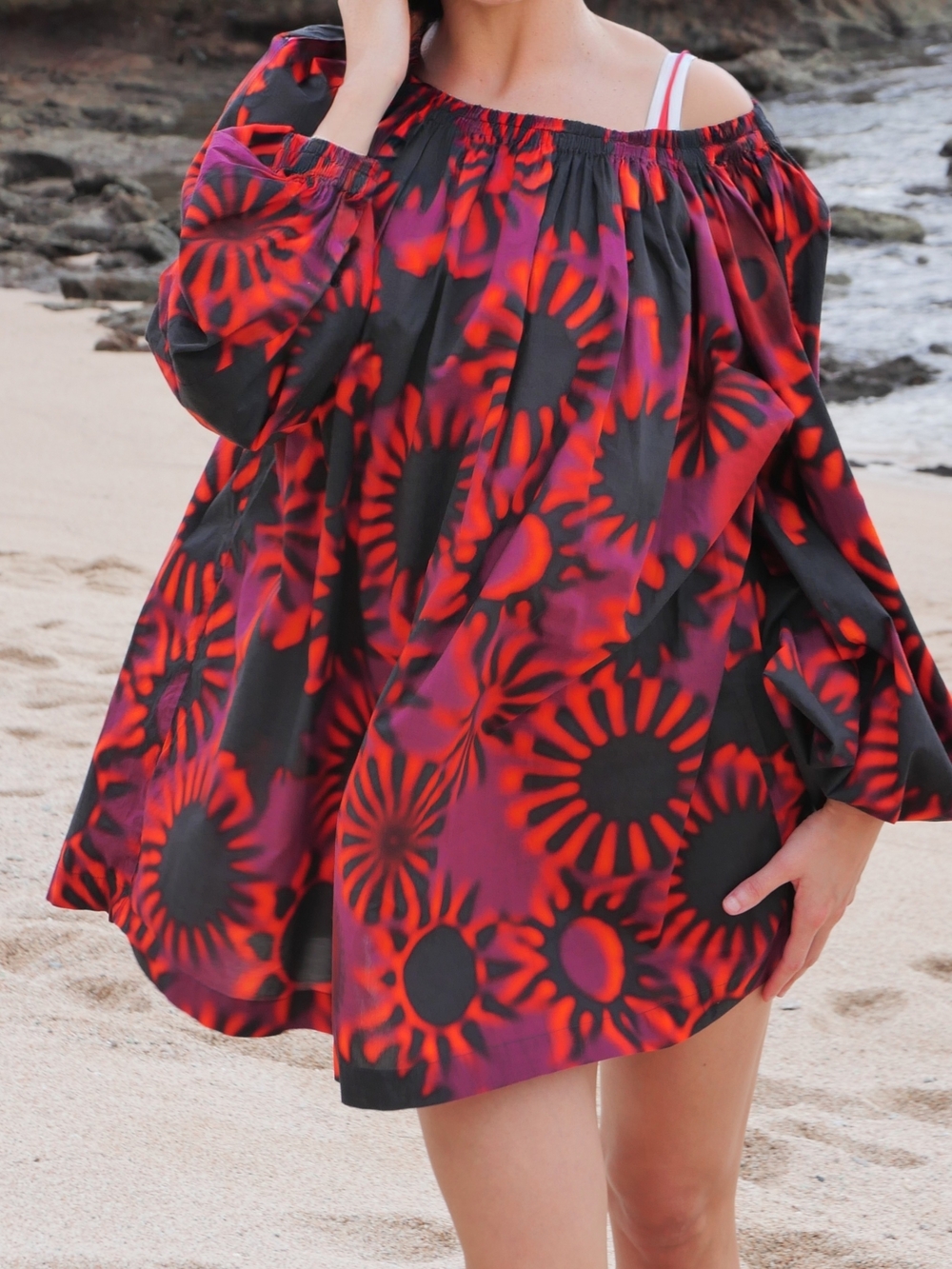Dries Van Noten Red, Black & Purple Printed Off-Shoulder Tunic